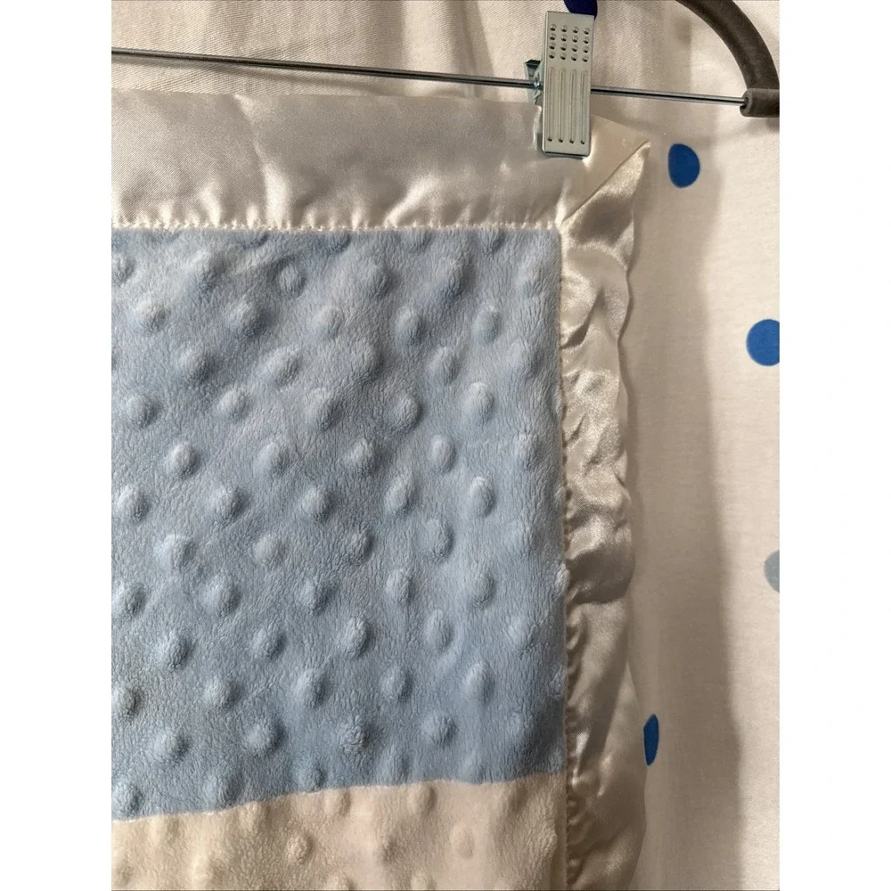 Just Born Blue White Patchwork Minky Raised Dot Baby Blanket Satin Trim 30x40